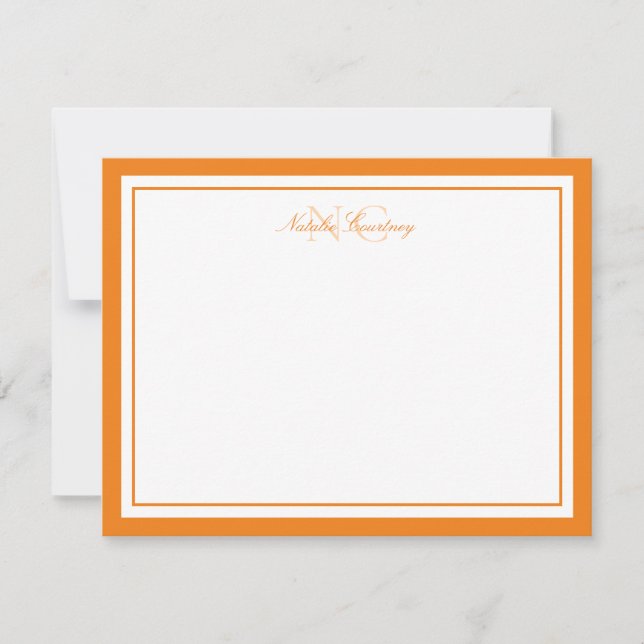 Cartão De Notas Elegante Monograma de Serif Laranja com Duas Borda (Frente)