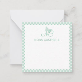 Cartão De Notas Elegante Monograma Mint Green Gingham Personalizad