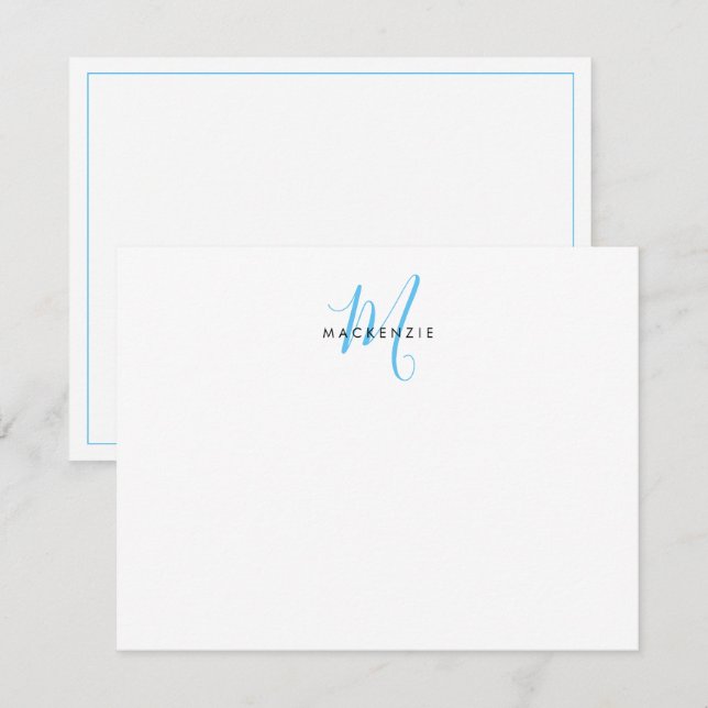 Cartão De Notas Elegante Monograma Moderno Branco Céu Azul Script (Frente/Verso)