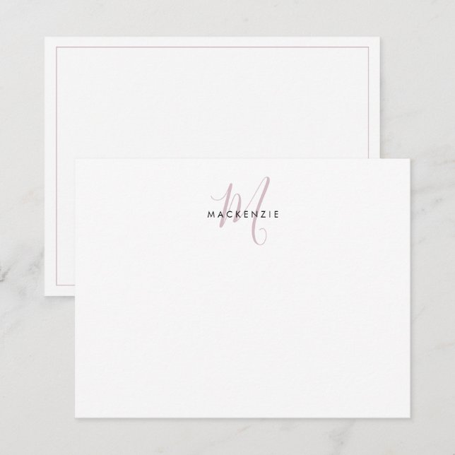 Cartão De Notas Elegante Monograma Moderno em Branco e Rosa Script (Frente/Verso)