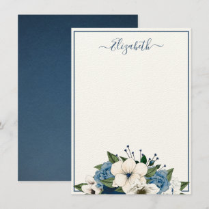 Cartão De Notas Elegante Naval e Floral Azul Empoeirado Personaliz