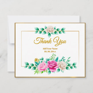 Cartão De Notas Elegante Rosa Floral com Moldura Dourada de Agrade