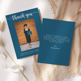 Cartão De Notas Elegante Script Blue Graduation Photo Obrigado