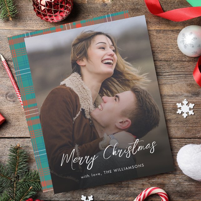 Cartão De Notas Elegante Script Feliz Natal Wilson Tartan Foto (Elegant Script Merry Christmas Wilson Tartan Photo Note Card)