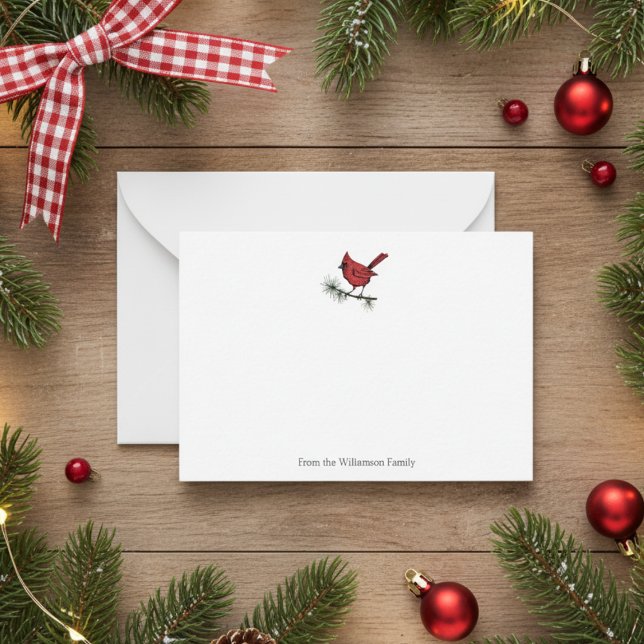 Cartão De Notas Elegante Winter Red Cardinal Bird Family (Elegant Simple Red Cardinal Perched on a Pine Branch Winter Note Card. Hand Drawn Red Bird in Nature)