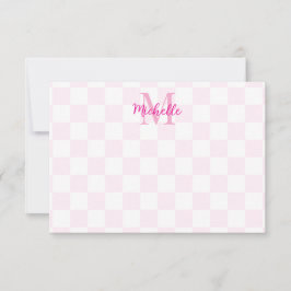 Cartão De Notas Elegante Xadrez Branco e Rosa Personalizado 
