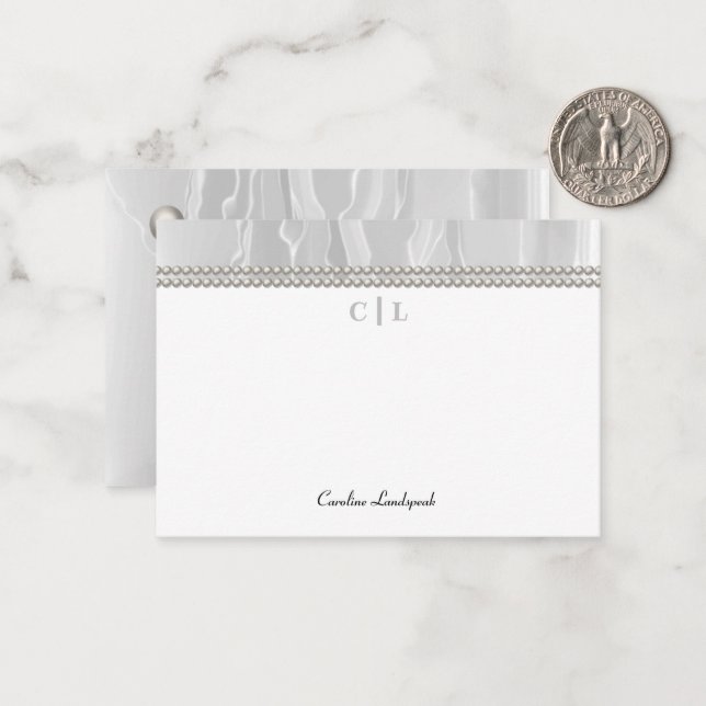 Cartão De Notas Elegantes Pérolas Brancas de Seda Monogramadas Ini (Frente/Verso In Situ)