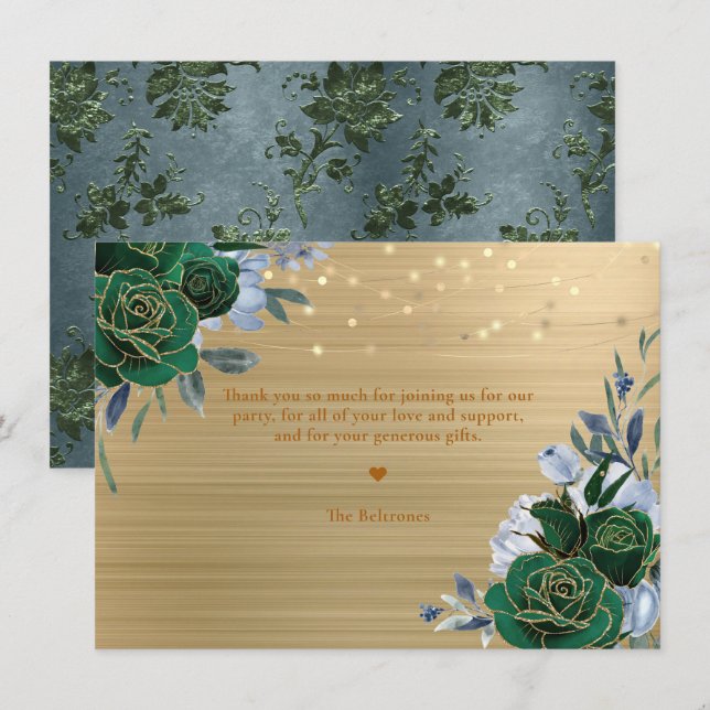 Cartão De Notas Emerald Green Dourado Floral Quinceañera Obrigado (Frente/Verso)