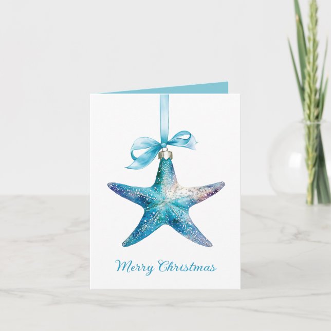 Cartão De Notas Enfeites de natal de Starfish Azul Personalizado (Frente)
