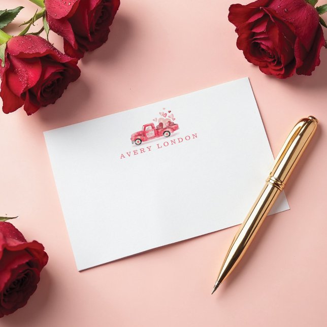 Cartão De Notas Entrega Especial do Dia dos Namorados Caminhão em  (Valentine's Special Delivery Red Watercolor Truck Note Card)