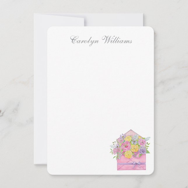 Cartão De Notas Envelope Floral Rosa e Peônia (Frente)