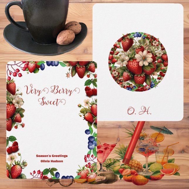 Cartão De Notas Escuro Moderno de Berry Azul-Morango Vermelho Cent (Cute Red Strawberry Blue Berry Sweet Modern Script Note Card)