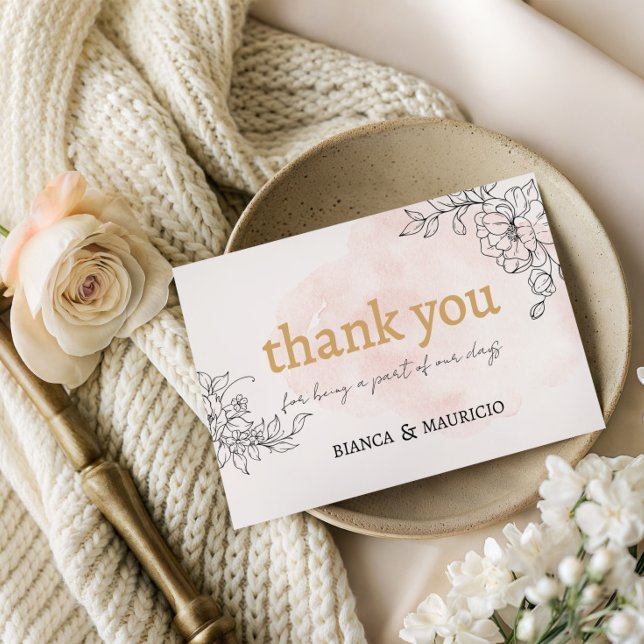 Cartão De Notas Esmagamento com Pincel Preto - Obrigado (Blush Brushstroke with Black Floral Thank You Note Card)