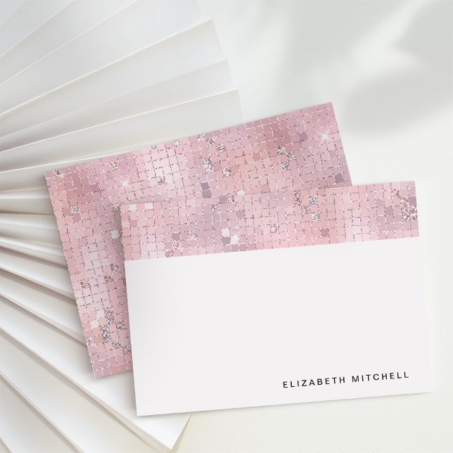 Cartão De Notas Espelho da esfera de disco rosa-claro retrorreflec (Glam, disco-inspired note cards)