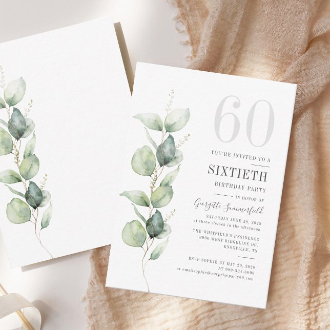 Cartão De Notas Eucalyptus 60th Birthday Greenery Invitation (60th Birthday Eucalyptus Watercolor Invitation)