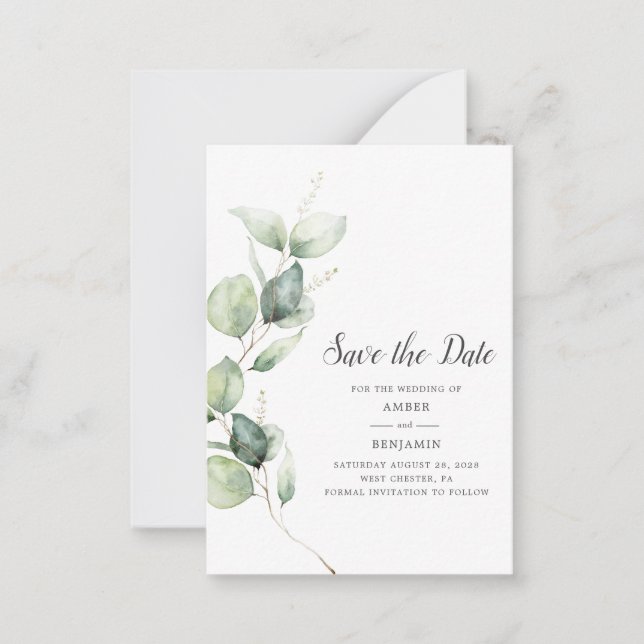 Cartão De Notas Eucalyptus Greenery Script Wedding Salvar Data (Frente)