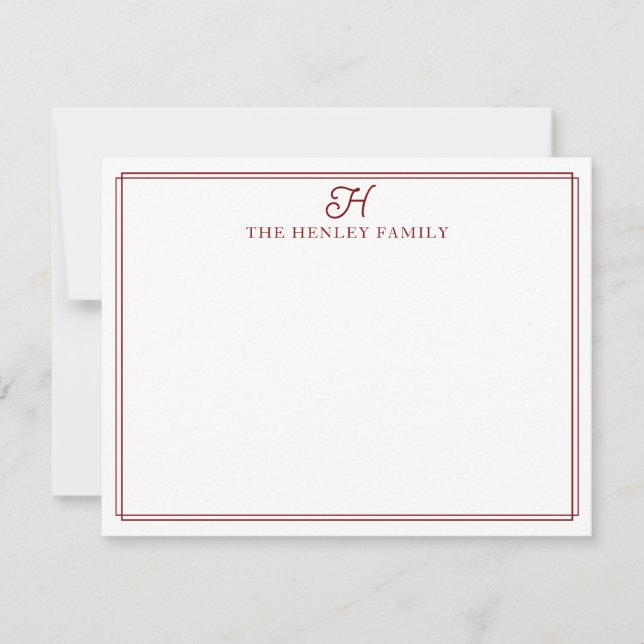 Cartão De Notas Family Initial Dark Red Border Monogram Stationery (Frente)