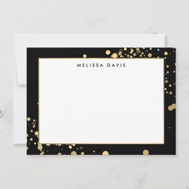 Cartão De Notas Faux Dourado Confetti no Notecard Plana Preto (Frente)