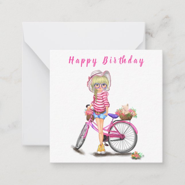 Cartão De Notas Feliz Aniversário - Menina Loura Bonita com Bicicl (Frente)