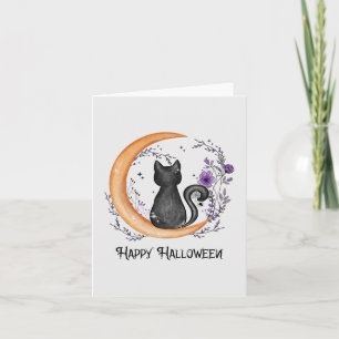 Cartão De Notas Feliz Dia das Bruxas - Gato Negro na Lua Crescente