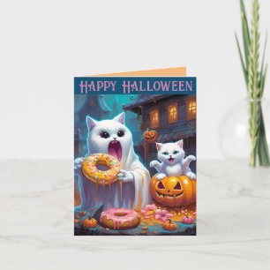 Cartão De Notas Feliz Halloween -Gatinho Fofo e Fantasma comem Don