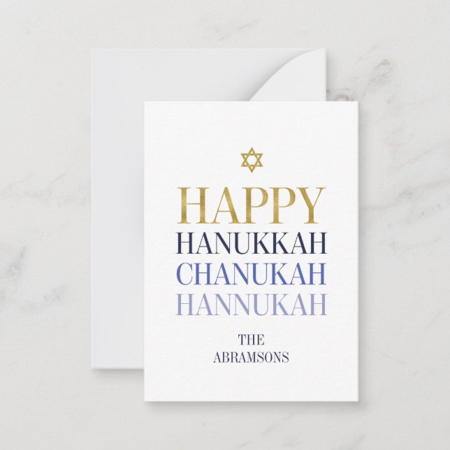 Cartão De Notas Feliz Hanukkah Chanukah Faux Gold Foil Mini Card (Frente)