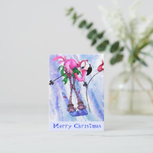 Cartão De Notas Feliz Natal - Flamingo Rosa Engraçado Esquiador -