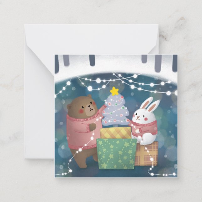 Cartão De Notas Feliz Natal: Urso e Coelhinho (Frente)