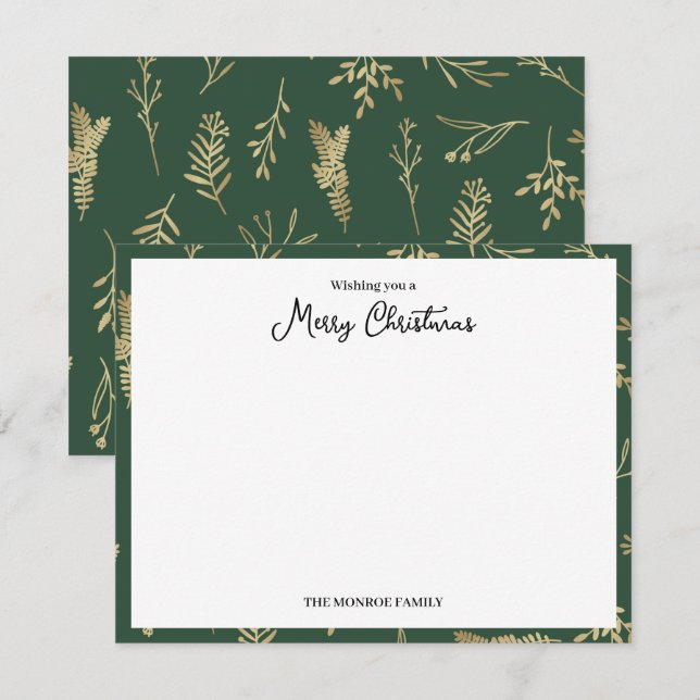 Cartão De Notas Feliz Natal Verde e Dourado Botânico (Frente/Verso)