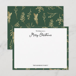 Cartão De Notas Feliz Natal Verde e Dourado Botânico