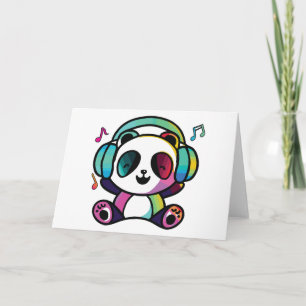 Cartão De Notas Feliz Panda com fones de ouvido ouvindo música.