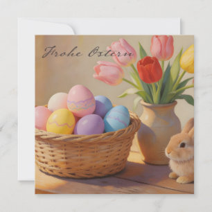 Cartão De Notas Feliz Páscoa com ovos coloridos e tulipas