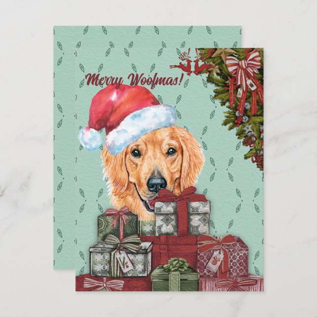 Cartão De Notas Feliz Woofmas!Ouro Retriever Santa Hat Natal (Frente/Verso)