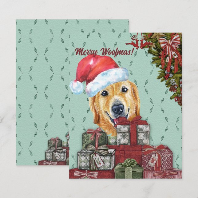 Cartão De Notas Feliz Woofmas Ouro Retriever Santa Hat Natal (Frente/Verso)
