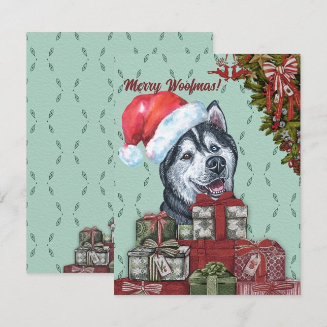 Cartão De Notas Feliz Woofmas! Siberian Husky Santa Hat Natal Nata (Frente/Verso)