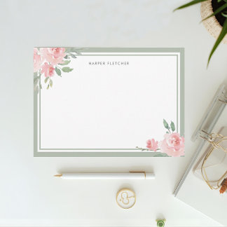 Cartão De Notas Feminino Floral Clássico Borda Sage