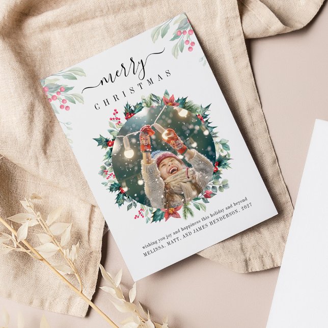 Cartão De Notas Feriados de Natal Mistura de Foto Botânica (Merry Christmas Red Berries Photo Greetings Card)