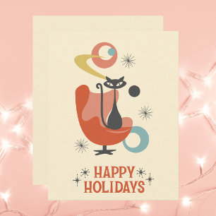 Cartão De Notas Feriados Felizes de Vintage de Cat Atômica Retro