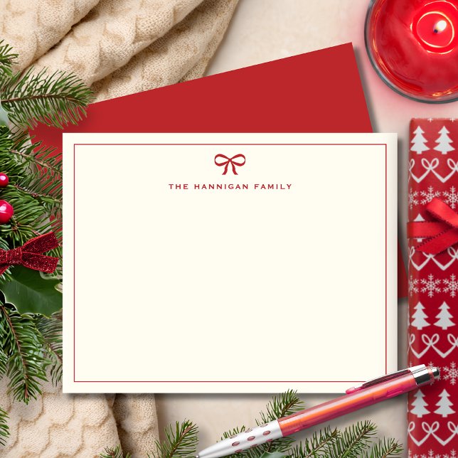 Cartão De Notas Férias Família Fofo Laço Vermelho Natalino Elegant (Criador carregado)