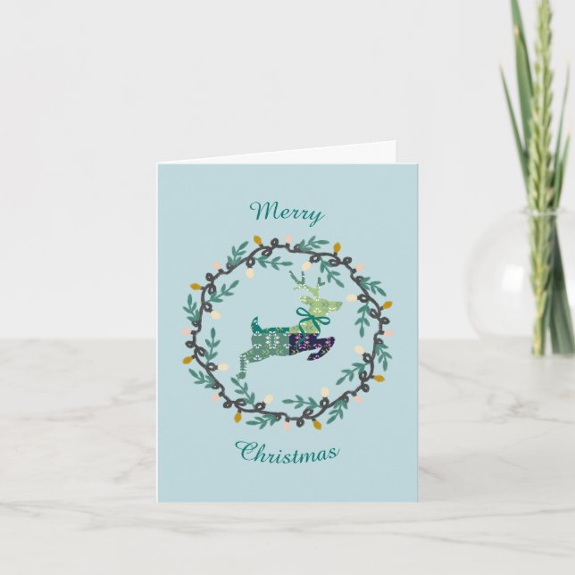 Cartão De Notas First Christmas Deer with Wreath Teal Folded Card (Frente)