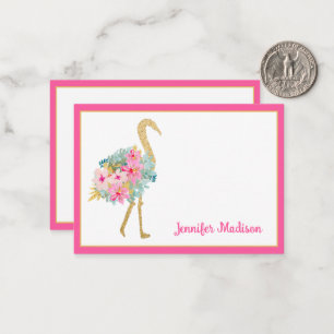 Cartão De Notas Flamingos Dourados e Rosa Tropicais com Flores