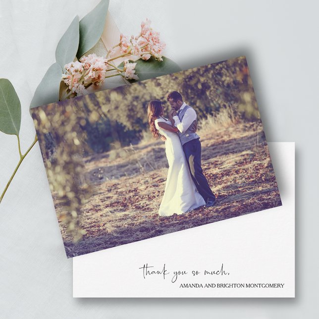 Cartão De Notas Flat de Foto de Script Elegante (Wedding flat thank you notes with your photo on front and your message and names on the back)
