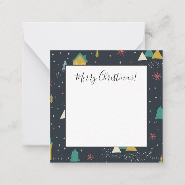 Cartão De Notas Flocos de Neve Caindo em Pequenas Casas numa Noite (Frente)