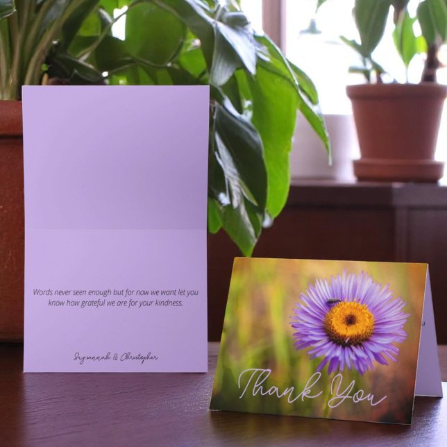 Cartão De Notas Flor de Flor Roxo e Insetos Personalizados (cover and inside template thank you greeting card)