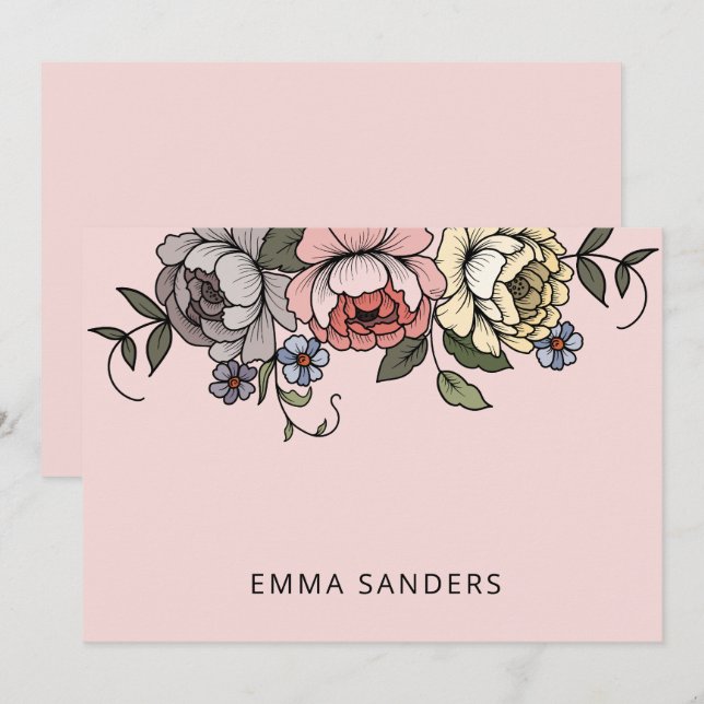 Cartão De Notas Florais Botânicos Elegantes, Rosa, Personalizados (Frente/Verso)