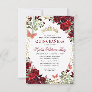 Cartão De Notas Floral Borgonha Vermelha Dourada Tiara Quinceañera