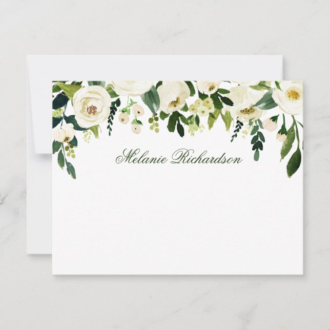 Cartão De Notas Floral Branco Verde de Aquarela Personalizado (Frente)