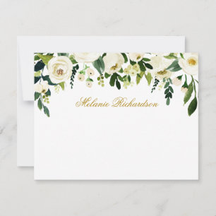 Cartão De Notas Floral Branco Verde de Aquarela Personalizado Dour