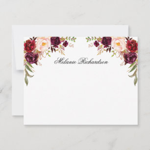 Cartão De Notas Floral de Borgonha Personalizado com Aquarela