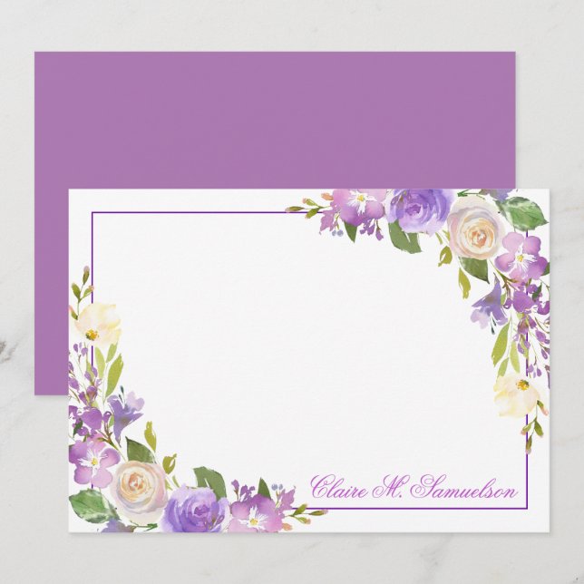 Cartão De Notas Floral de Lavanda Roxo Personalizado (Frente/Verso)